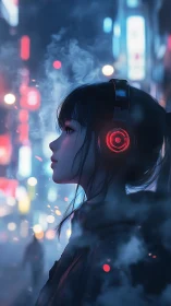 Girl with neon headphones finds calm in a cyberpunk city night