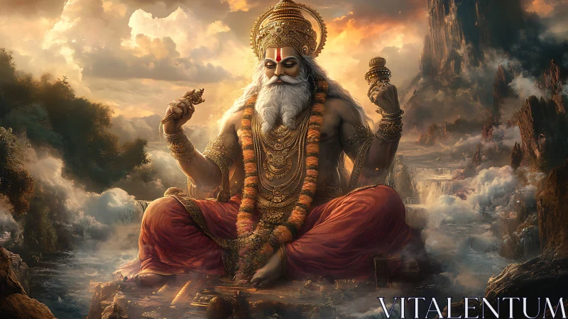 Serene divine sage resting above misty mountains and rivers.