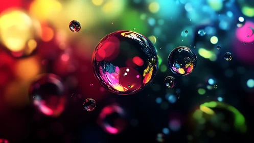 Macro-rendered iridescent soap bubbles in multicolor bokeh field.