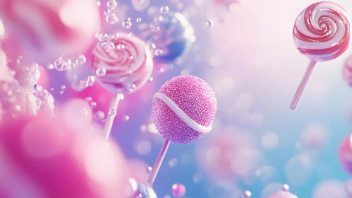 Whimsical Lollipops Floating in Pastel Dreamscape, Digital Art.