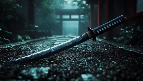 Katana rests on rain-soaked temple path at dusk.