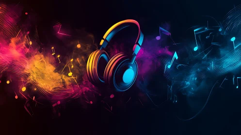 Neon audio spectrum headphones in dynamic digital painting composition.