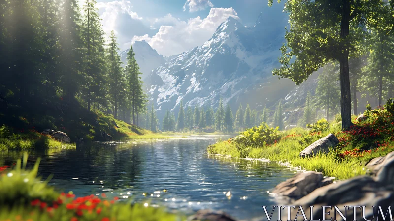 Sunlit alpine river valley under snowcapped mountain peaks.