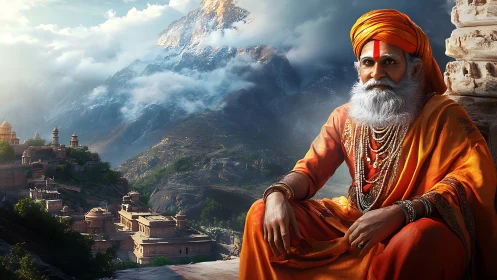 Mountain mist crowns the serene sage in saffron splendor