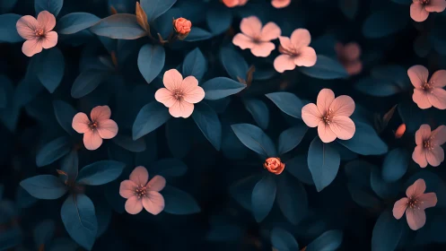 Coral Flowers Bloom Among Deep Teal Foliage in Garden
