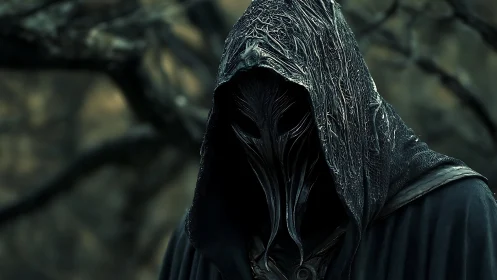 Hooded humanoid figure stands in forest with obscured face