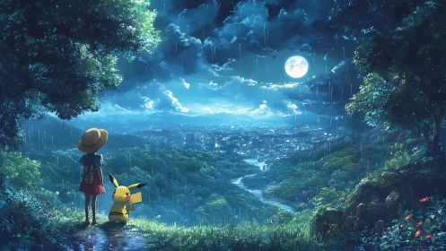Girl and Pikachu observing rainy moonlit cityscape panorama.
