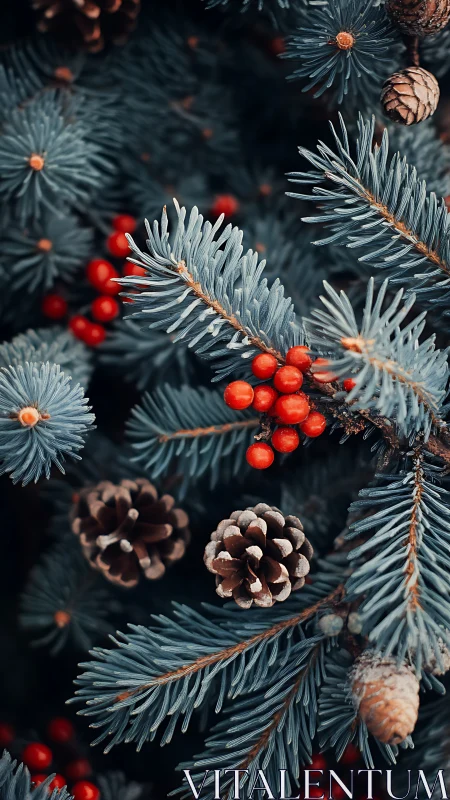 Evergreen branches with pinecones and bright winter berries.