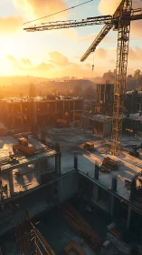 Tower Crane Construction Site at Golden Hour Sunrise.