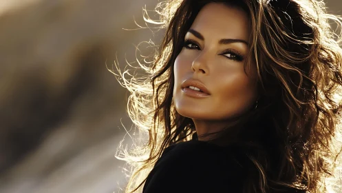 Sunlit brunette gazes back with windswept golden hair.