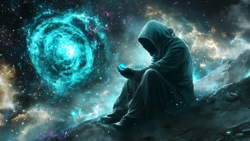 Cosmic hooded figure holding glowing energy orb in space.