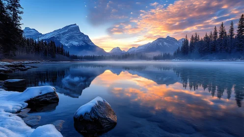 Alpine lake at winter sunrise rendering mirror-symmetry reflections