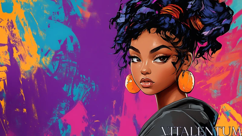 Portrait of stylized woman against vivid abstract graffiti wall