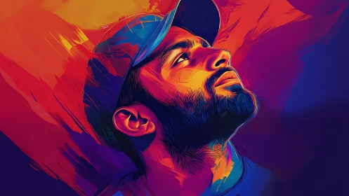 Vibrant digital portrait of a hopeful man gazing upward