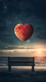 Heart-shaped red celestial object suspended above coastal bench at dusk