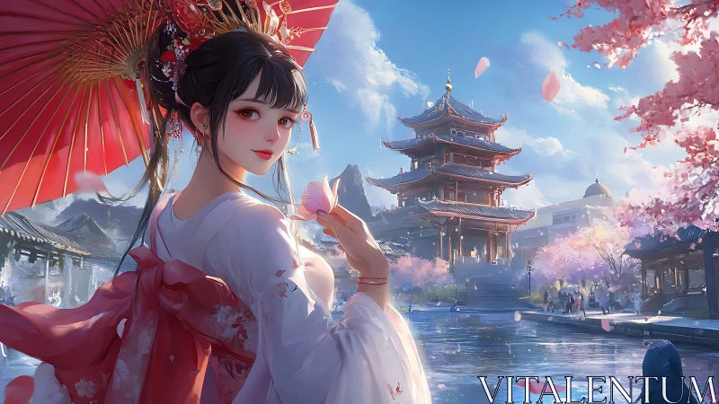 Springtime stroll by the lotus lake in a serene palace garden.