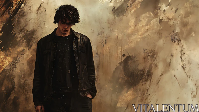 Solitary young man against muted abstract textured wall.