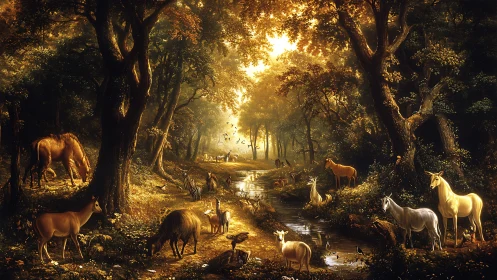 Enchanted forest wildlife gather along glowing creek at dawn