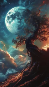 Ancient tree bends toward a colossal moon in glowing clouds