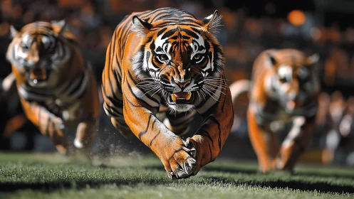 Three tigers sprinting forward on grass field in focus.