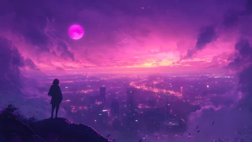Silhouette overlooks neon city under magenta moonlit sky