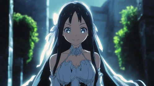 Luminous anime bride walking through a mossy twilight ruin.