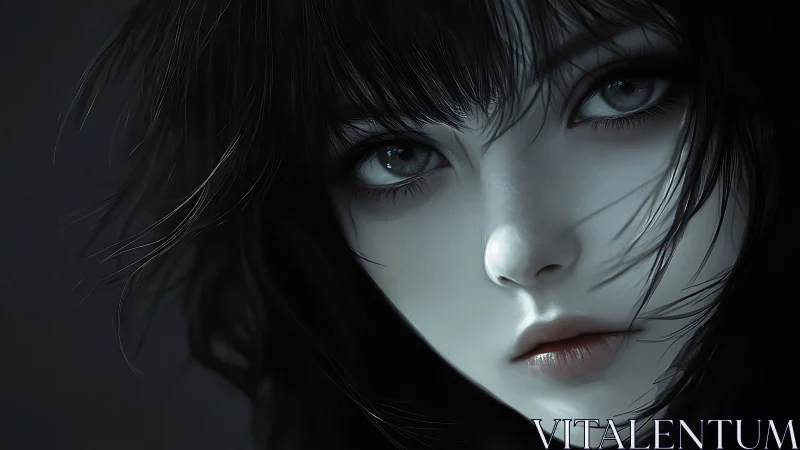 Close female face shows pale skin, dark hair and grey eyes