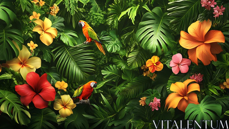 Colorful macaws rest in dense tropical foliage and flowers