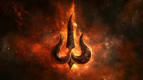 Flaming trident-shaped emblem burns within a cosmic nebula