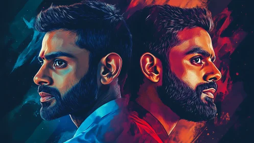 Two male profiles are rendered in opposed colored halves