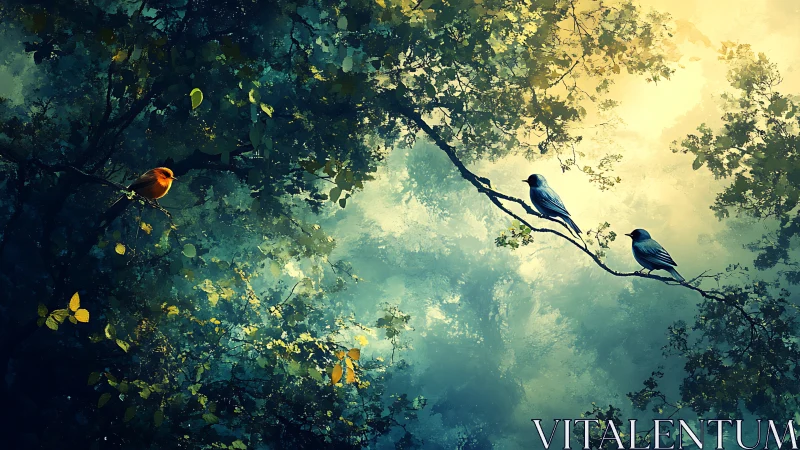 Three Birds on Forest Branches in Dreamy Digital Art Style.