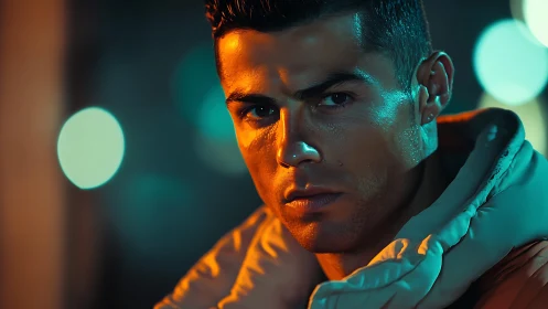 Serious man in padded jacket under teal and orange light.