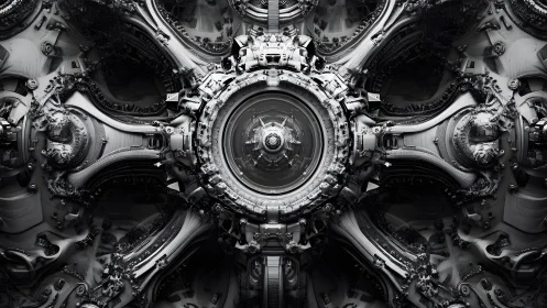 Futuristic Mechanical Structure in Monochrome Digital Art Style.