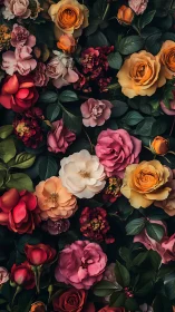 Lush Garden Roses in Warm Peachy and Deep Crimson Tones