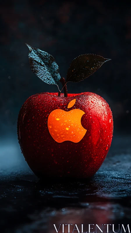 Photorealistic red apple with glowing logo cutout at night.