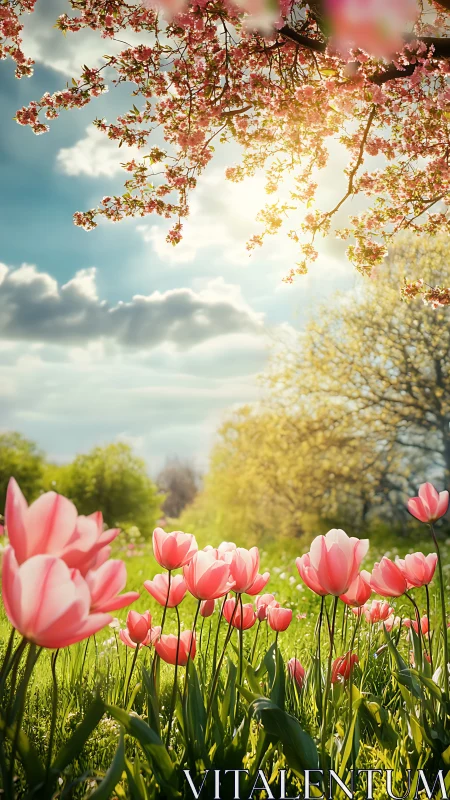 Pink Tulips Bloom Under Flowering Trees in Spring.