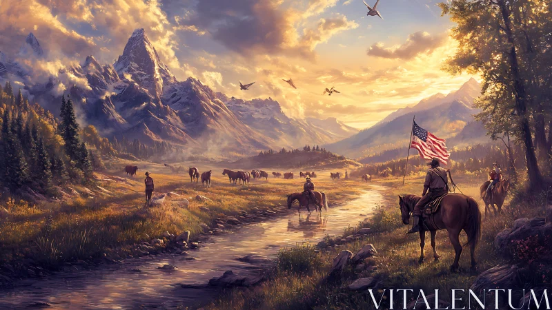 Golden hour cowboys riding beneath soaring mountain peaks.