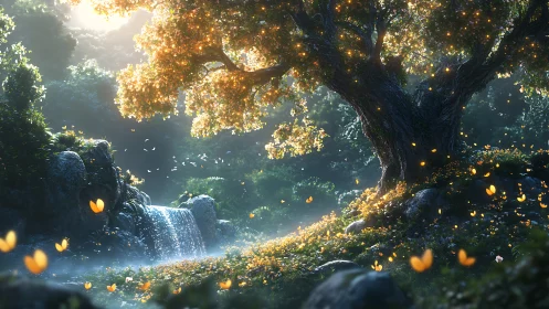 Enchanted oak and butterflies illuminate a misty forest glade