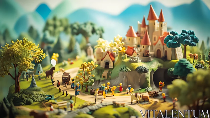 Whimsical miniature castle village in sunlit fantasy valley.
