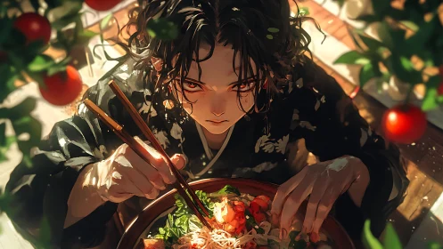 Young person in patterned robe eats noodles under tomato vines