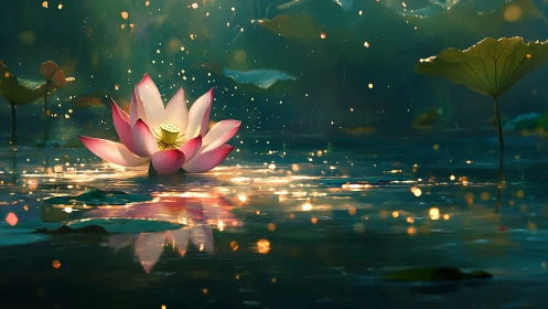 Lotus bloom catches golden dusk light over tranquil water.