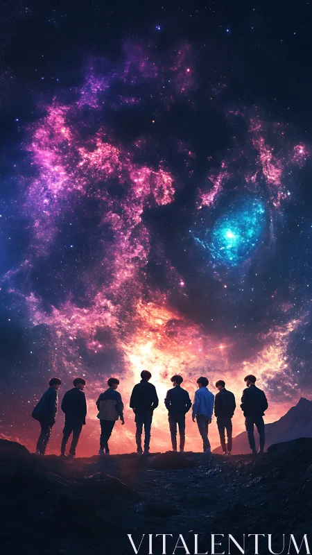 Starstruck silhouettes gaze into a radiant cosmic nebula.