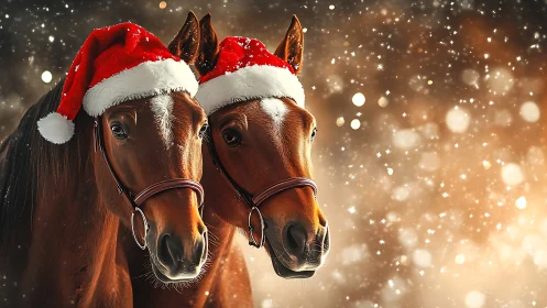 Pair of brown horses in Santa hats in snowy setting.