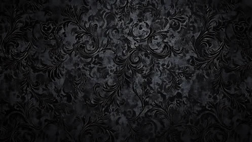 Dark damask wallpaper shows glossy baroque floral swirls.