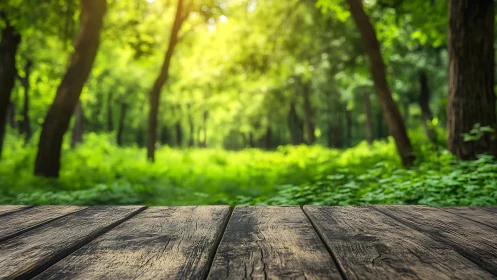 Wooden Deck Foreground with Depth-of-Field Forest Landscape Background