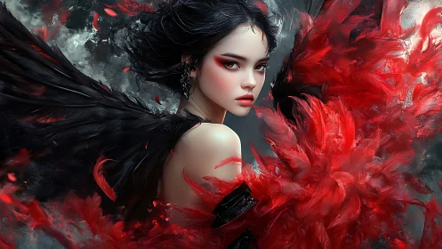 Female figure with black wings and red feathered elements.