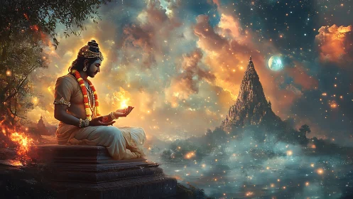 Celestial sage cradling starlight beside a cosmic temple.