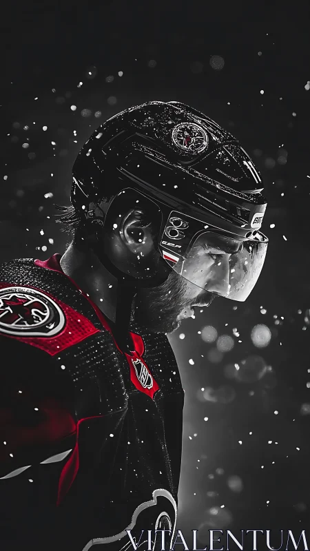 Photorealistic hockey portrait in high-contrast monochrome focus.