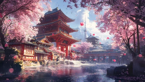 Blossom-filled temple gardens glow beside a peaceful spring pond