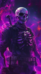 Neon-bathed skeleton commando strides through cosmic flames